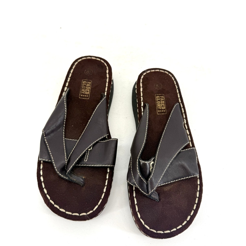 Y2K Faded Glory Brown Leather‎ Platform Flip Flop Sandals Size 8 Chunky Stitch